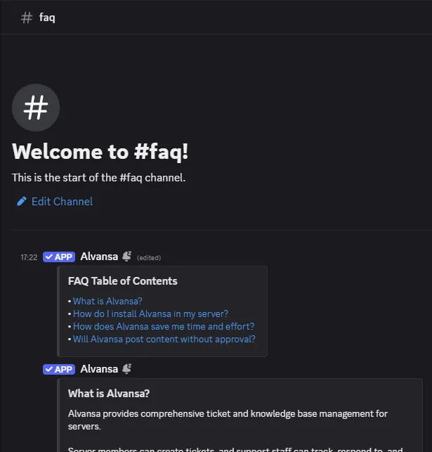 Example of an FAQ channel in Discord